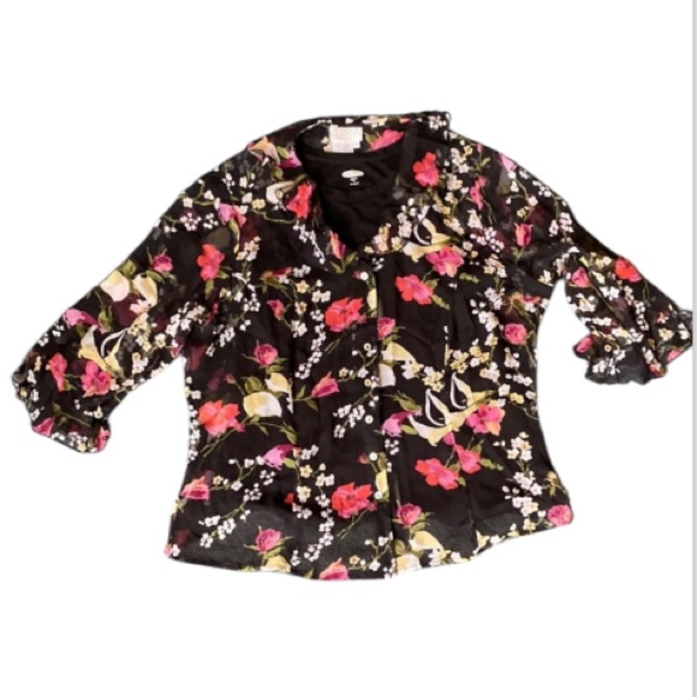 VINTAGE silk floral Button-Up Blouse with ruffle details size 1X